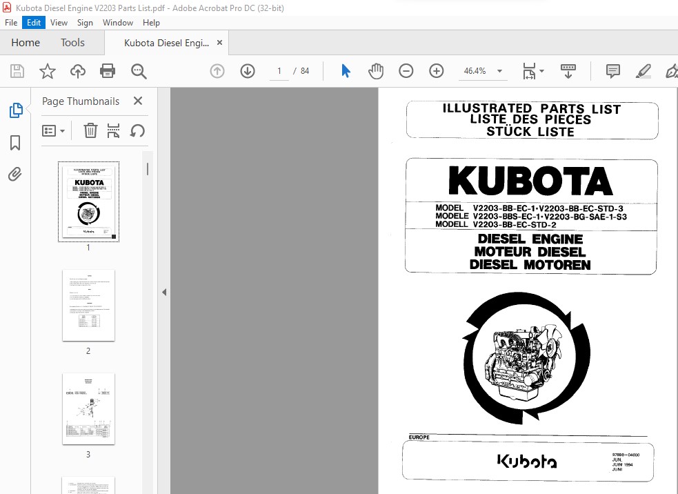 Kubota V2203BBEC1 • V2203BBECSTD3 Diesel Engine Parts List