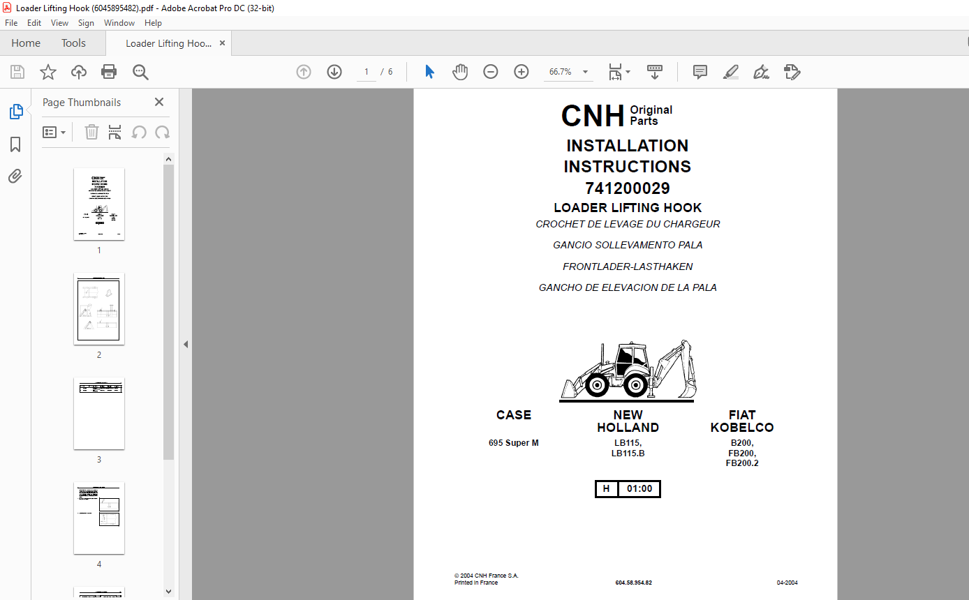 CNH Loader Lifting Hook INSTALLATION INSTRUCTIONS Manual 6045895482 ...