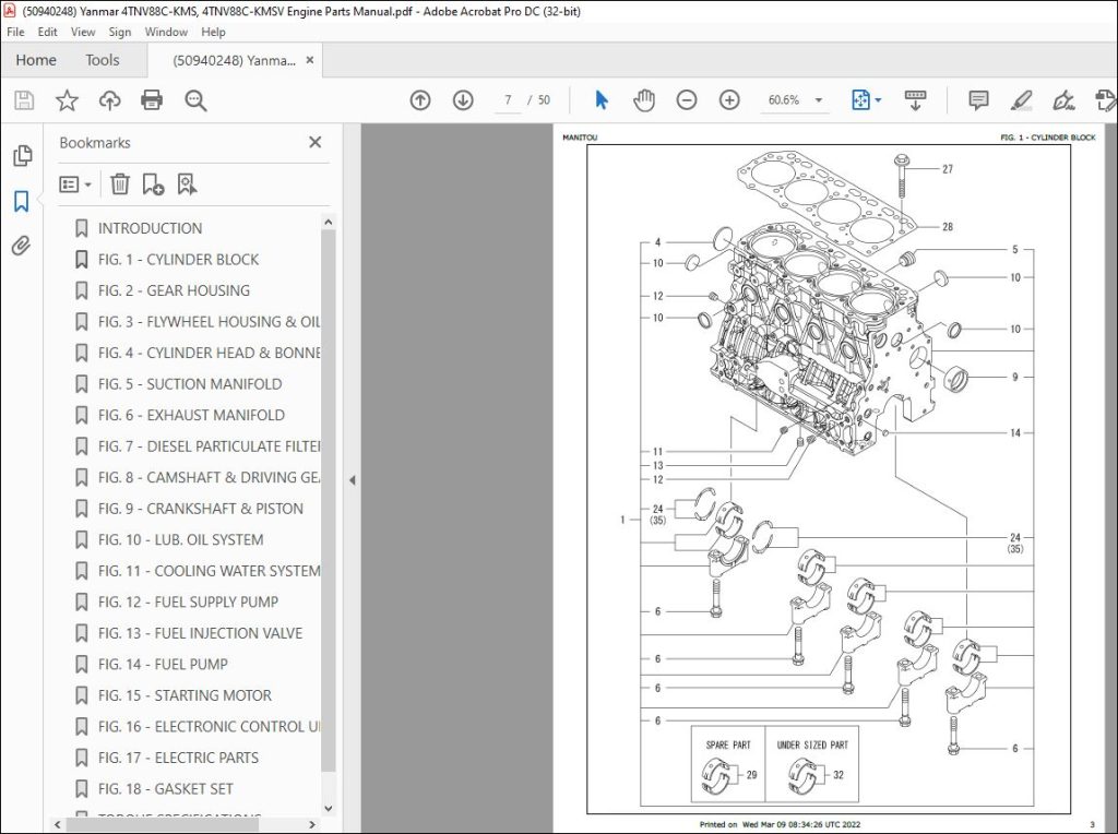 Yanmar 4TNV88CKMS, 4TNV88CKMSV Engine Parts Manual 50940248 PDF