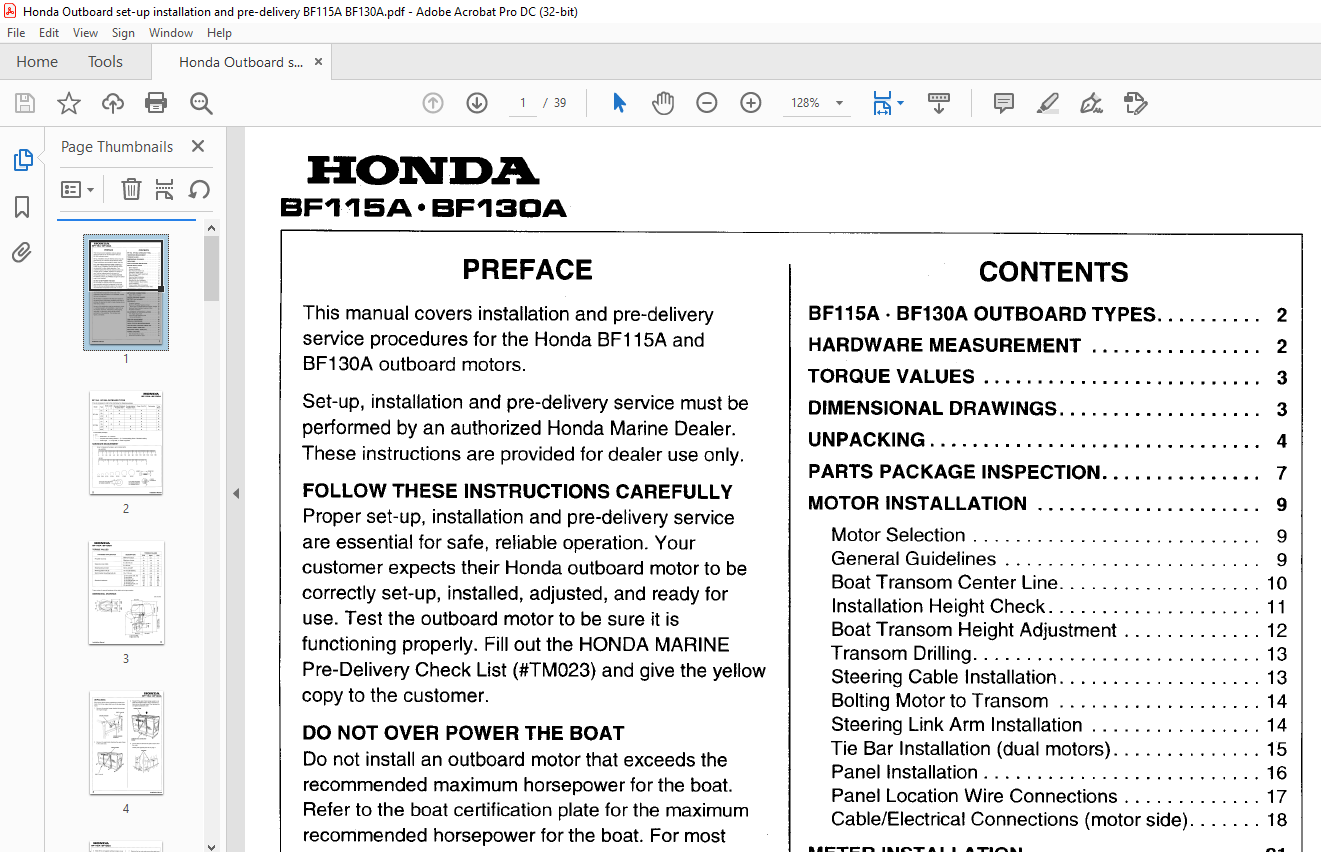 Honda Outboard Motor BF115A BF130A Setup Installation & Predelivery