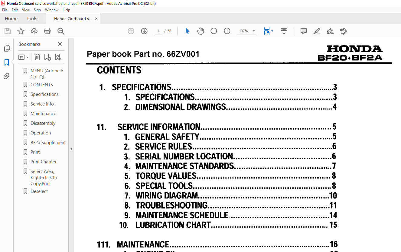 Honda Outboard Motor BF20 BF2A Service Repair Manual 66ZV001 PDF