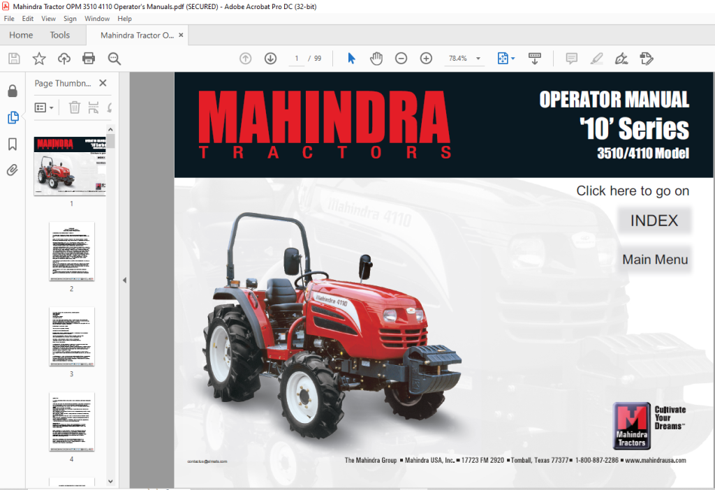 Mahindra Tractor '10' Series 3510 4110 Operator's Manual PDF DOWNLOAD