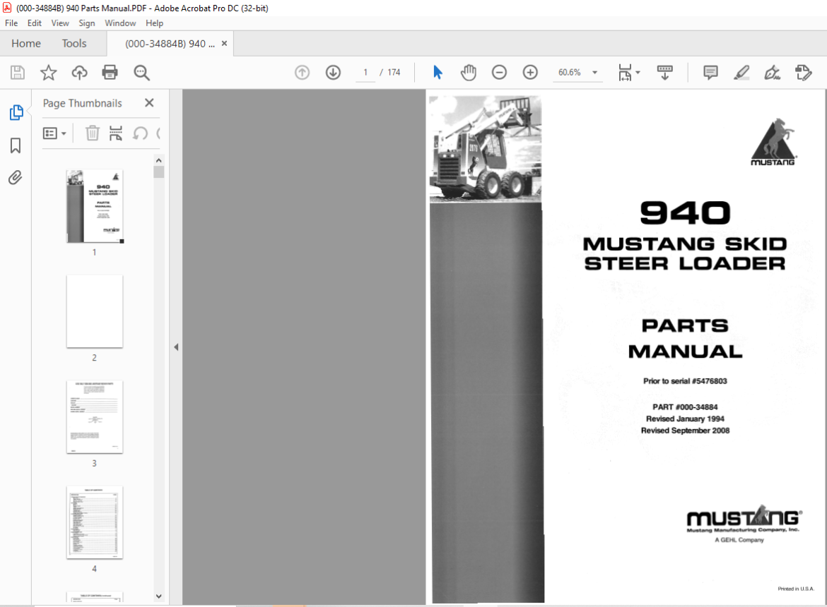 Mustang Skid Steer Loader 940 Parts Manual(00034884) PDF DOWNLOAD
