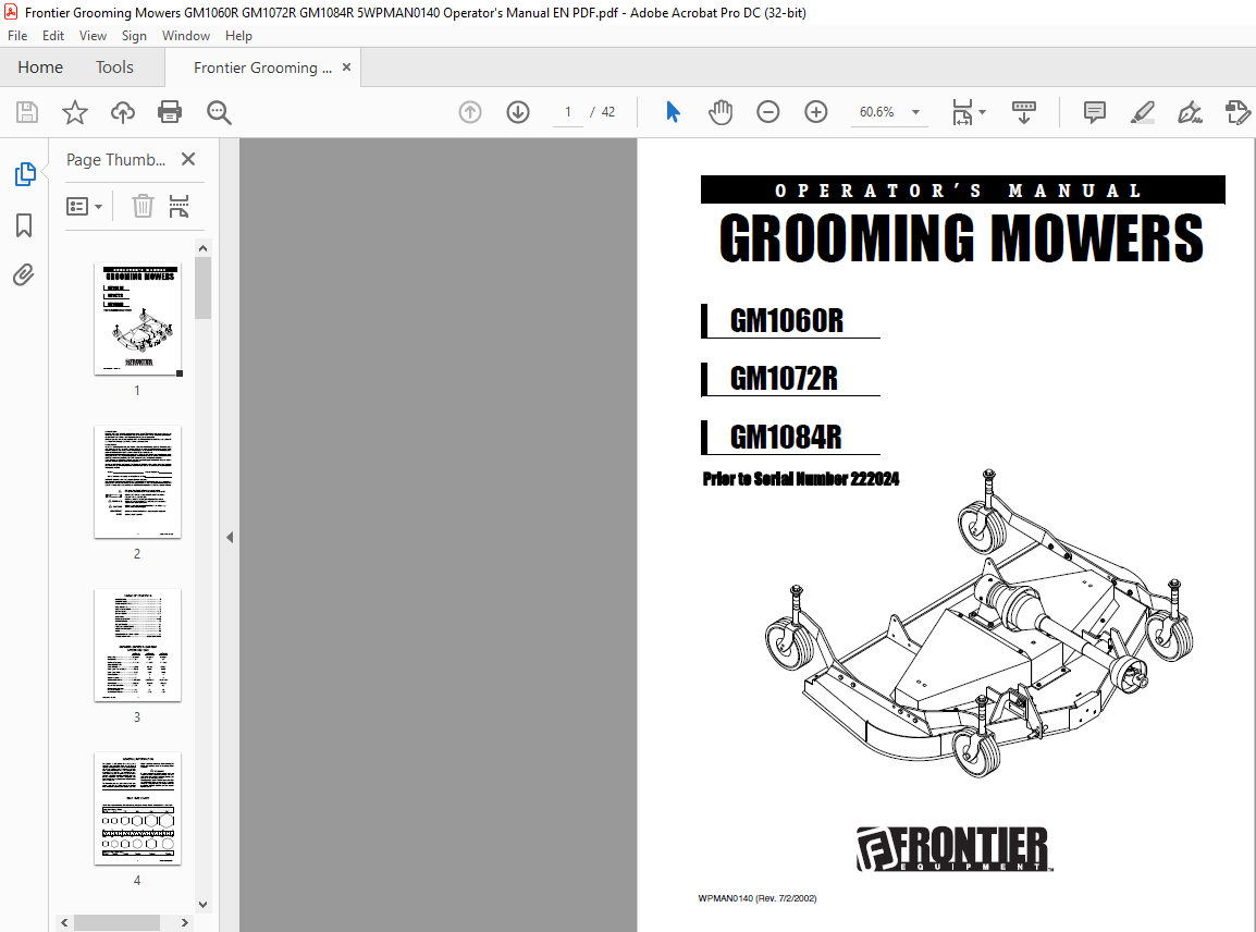 Frontier Grooming Mowers GM1060R GM1072R GM1084R Operator