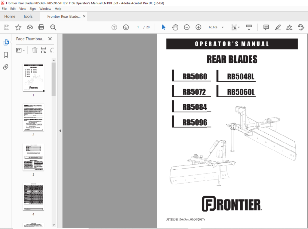 Frontier Rear Blades RB5060 RB5072 RB5084 RB5096 RB5048L RB5060L Operator's Manual(5TITE511156 ...