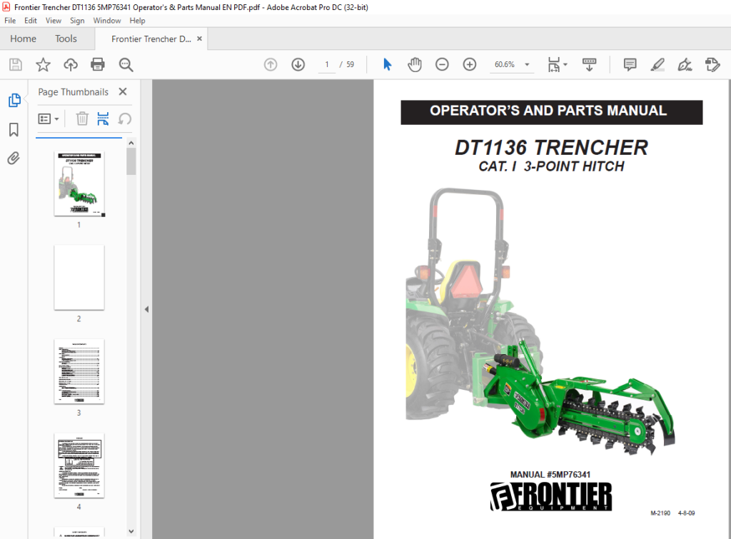 Frontier Trencher DT1136 Operator's &amp; Parts Manual(5MP76341) - PDF ...