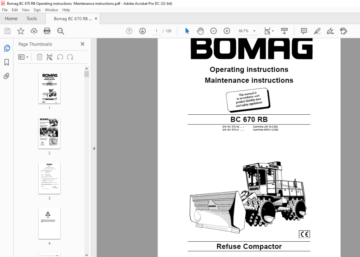 Bomag BC 670 RB Refuse Compactor Operating instructions Maintenance