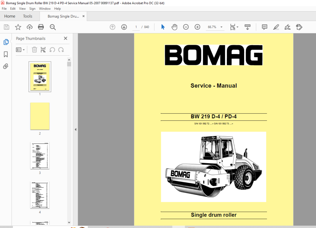 Bomag BW 219 D4 PD4 Single Drum Roller Service Manual
