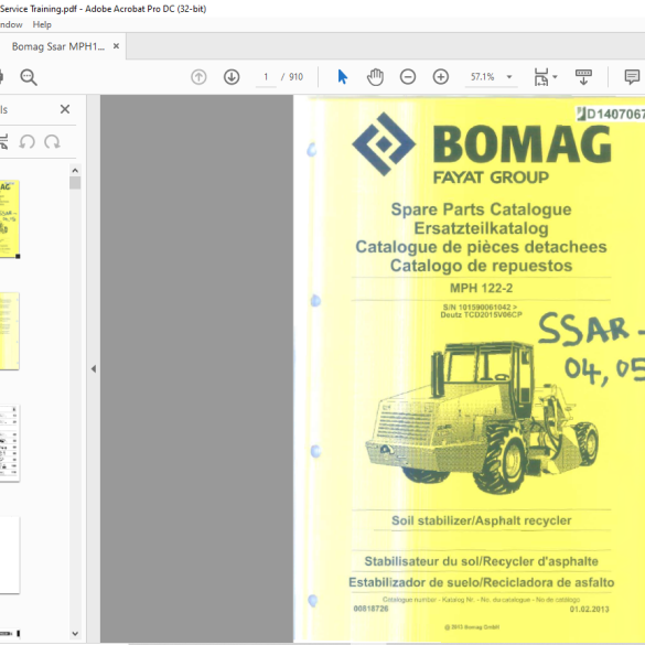 Bomag MPH 1222 Soil Stabilizer Asphalt recycler Parts Catalogue Manual