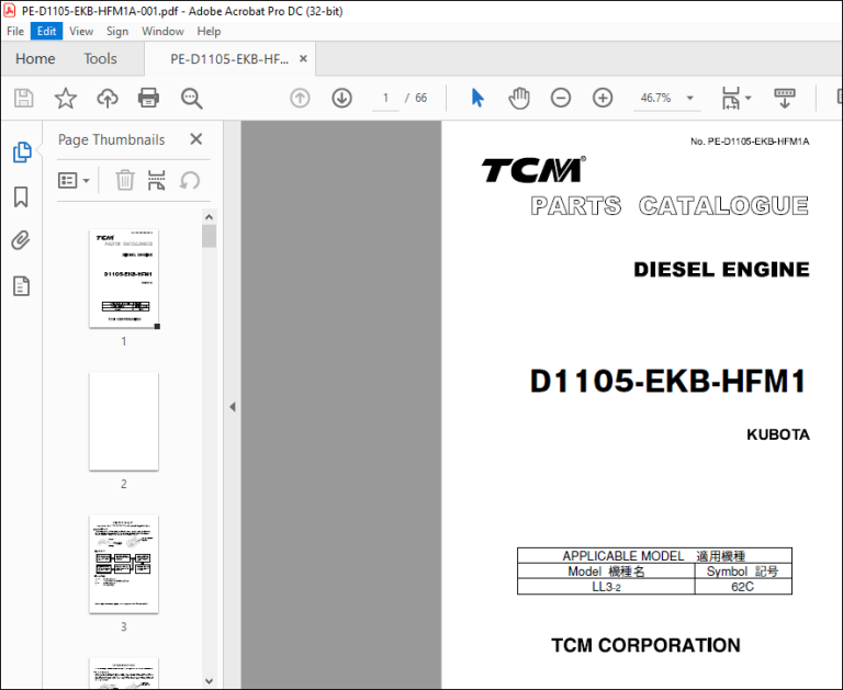 TCM DIESEL ENGINE KUBOTA D1105EKBHFM1 PARTS CATALOGUE MANUAL PDF