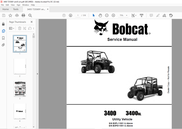 Aftermarket Decal Set For Bobcat 3400 4x4 Utility Vehicle (Fits 2015-2018 Models)