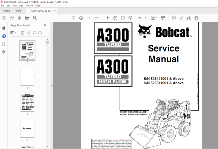 Bobcat A300 Turbo A300 Turbo High Flow Loader Service Manual 6902728 (6