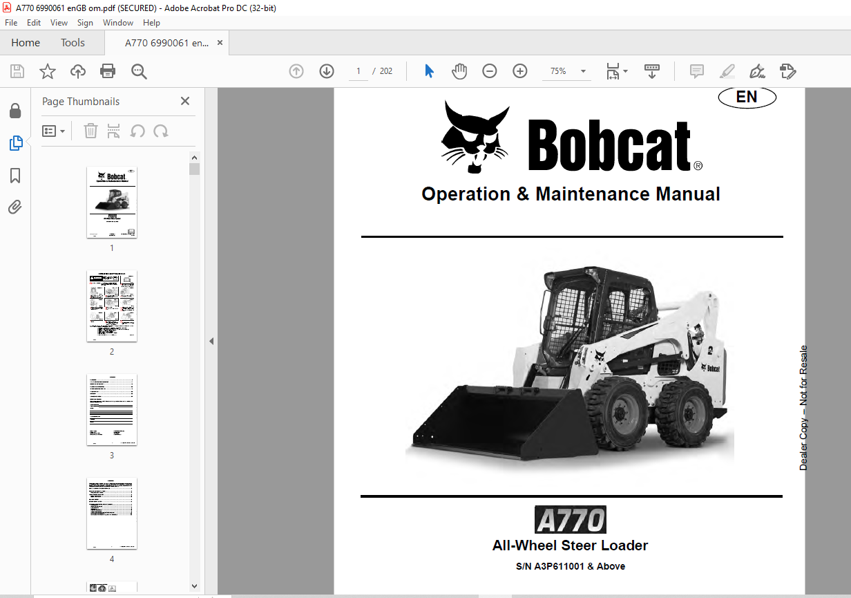 Bobcat A770 All-Wheel Steer Loader Operation &amp; Maintenance Manual SN ...