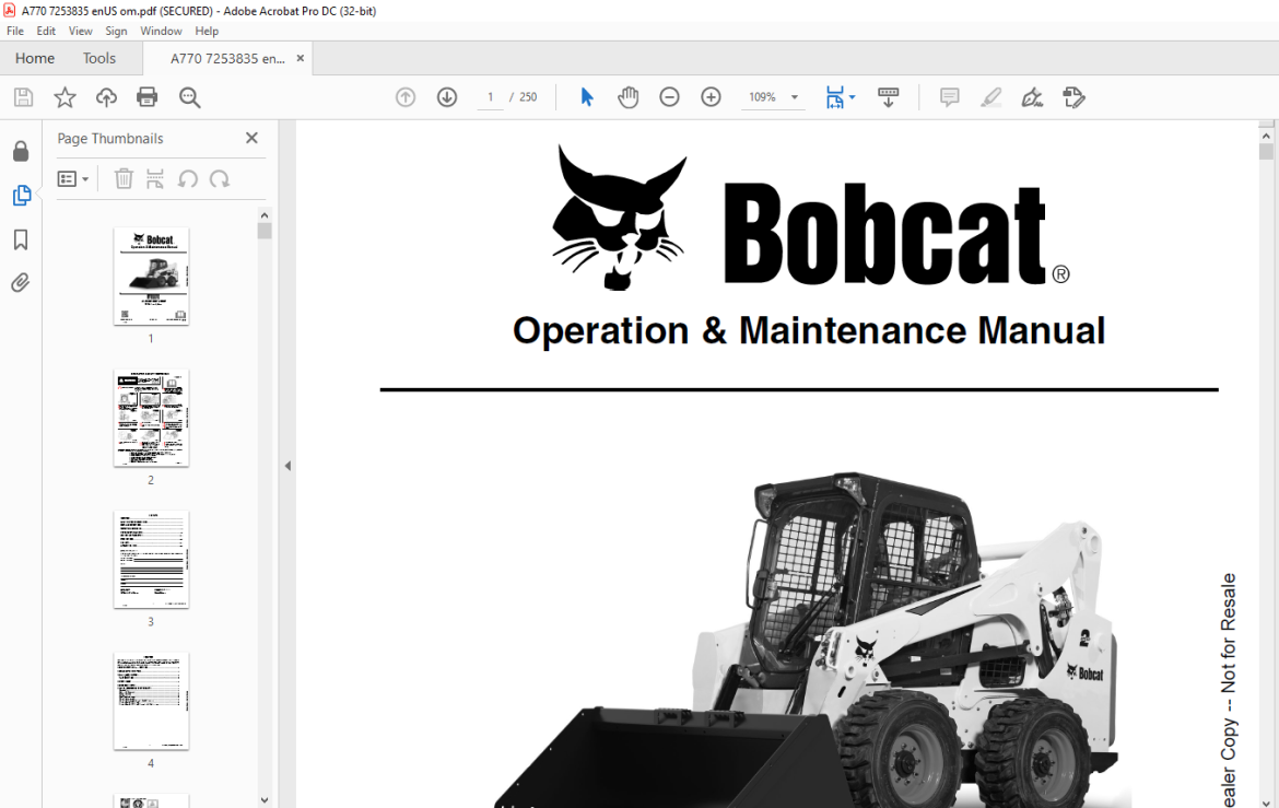 Bobcat A770 All-Wheel Steer Loader Operation &amp; Maintenance Manual SN ...