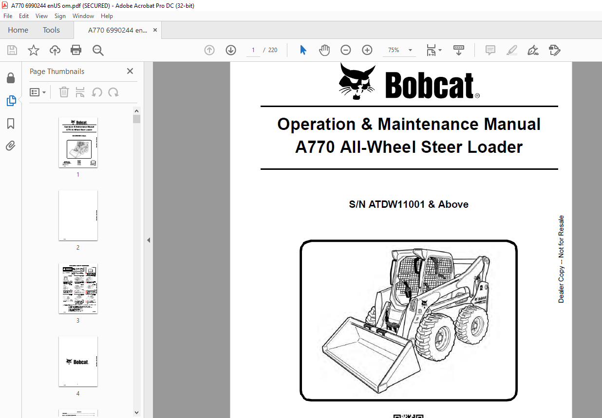 Bobcat A770 All-Wheel Steer Loader Operation &amp; Maintenance Manual SN ...