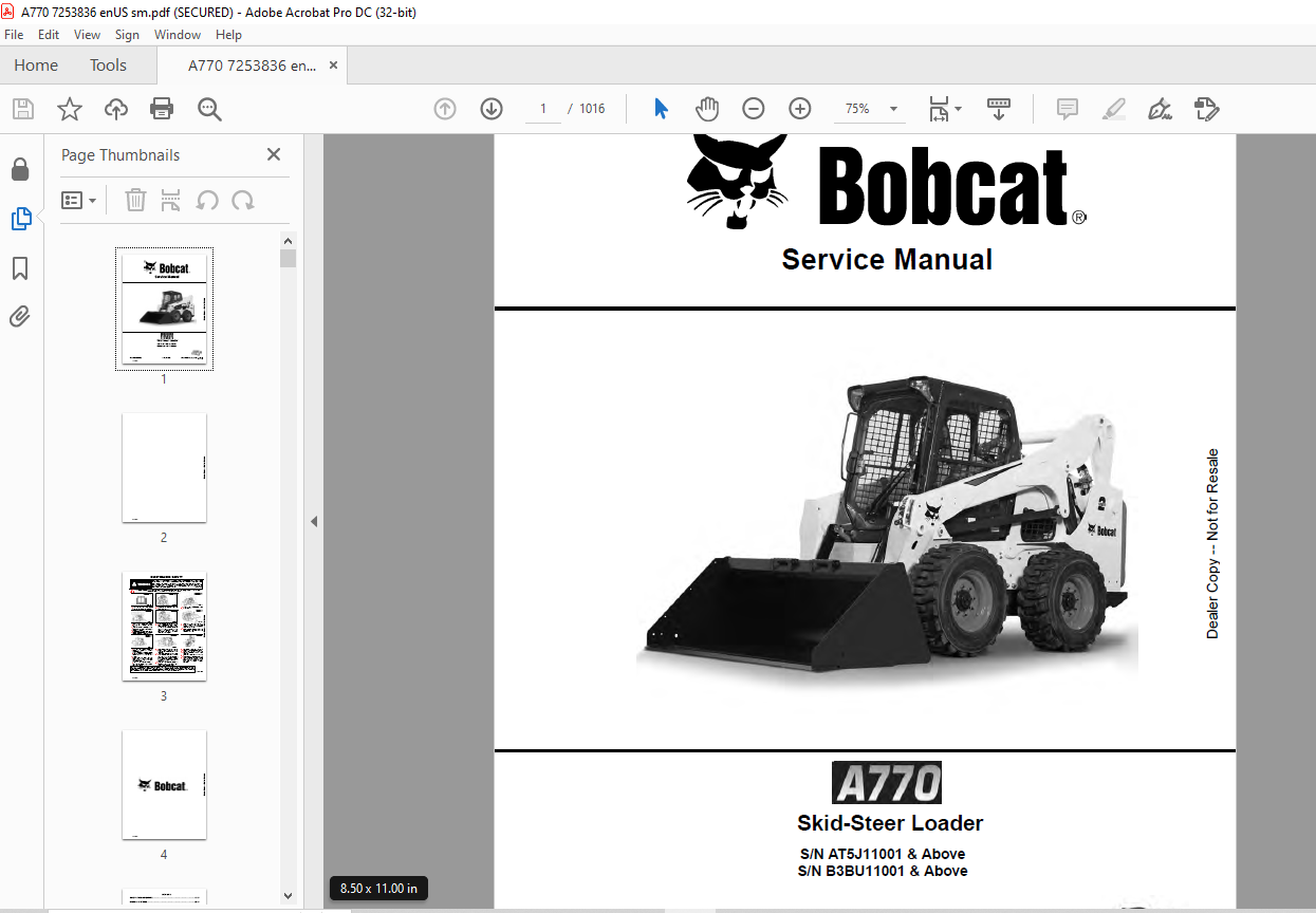 Bobcat A770 Skid-Steer Loader Service Manual 7253836 - PDF DOWNLOAD ...