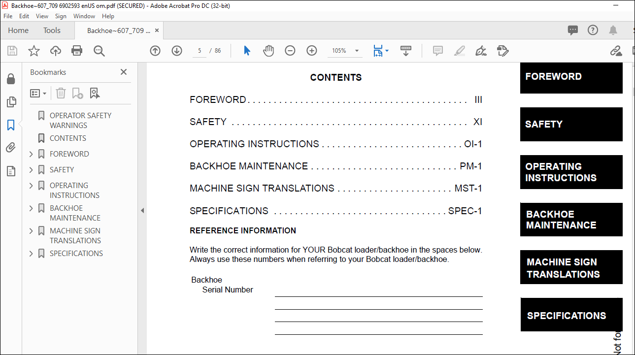 Bobcat BACKHOE 607 709 709FDS Operation & Maintenance Manual - PDF