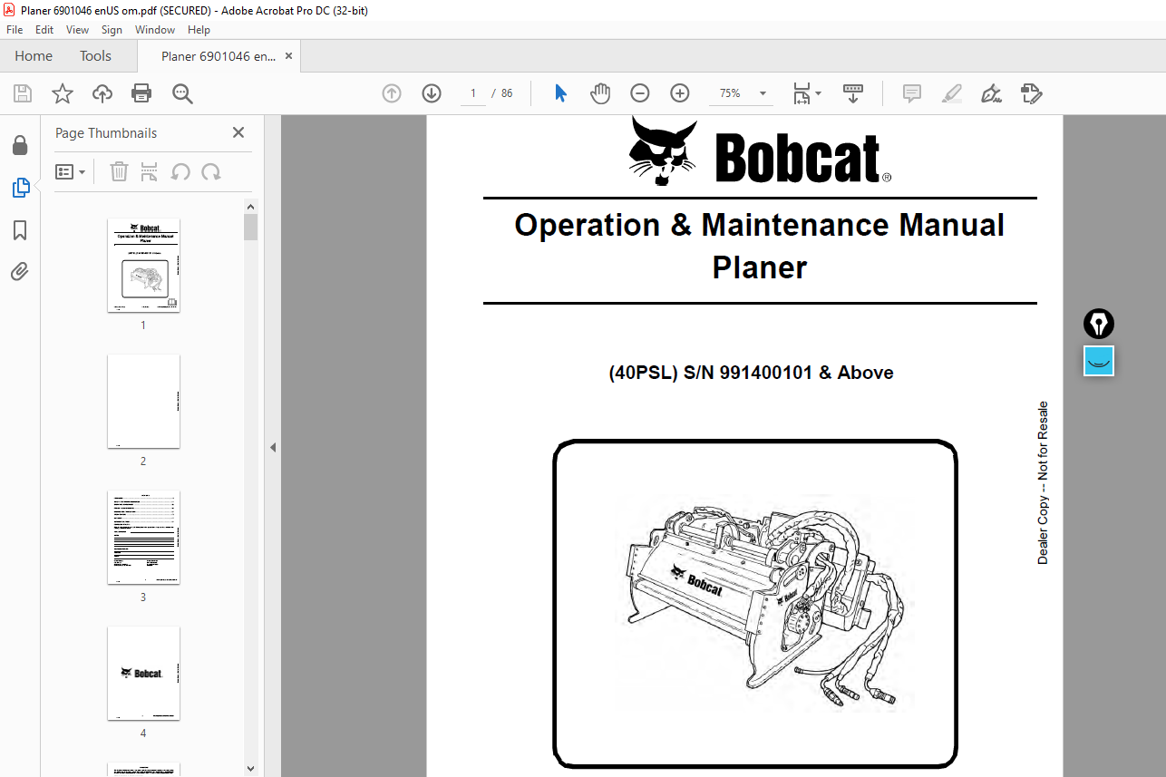 Bobcat Planer 40PSL Operation &amp; Maintenance Manual SN 991400101&amp; Above ...