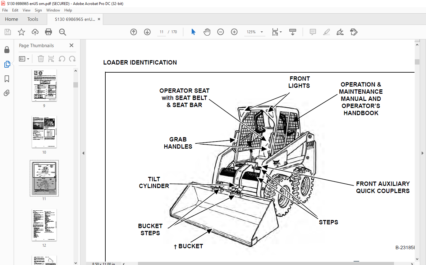 Bobcat S130 SkidSteer Loader Operation & Maintenance Manual SN