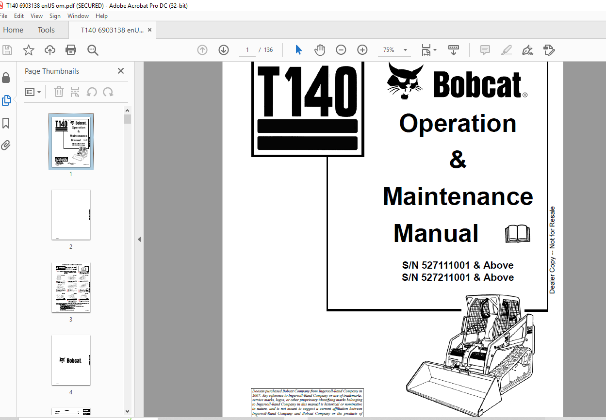 Bobcat T140 Loader Operation & Maintenance Manual 6903138 PDF