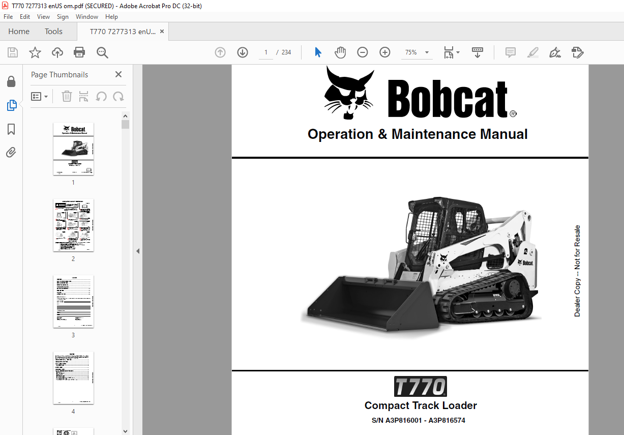 Bobcat T770 Compact Track Loader Operation &amp; Maintenance Manual SN ...