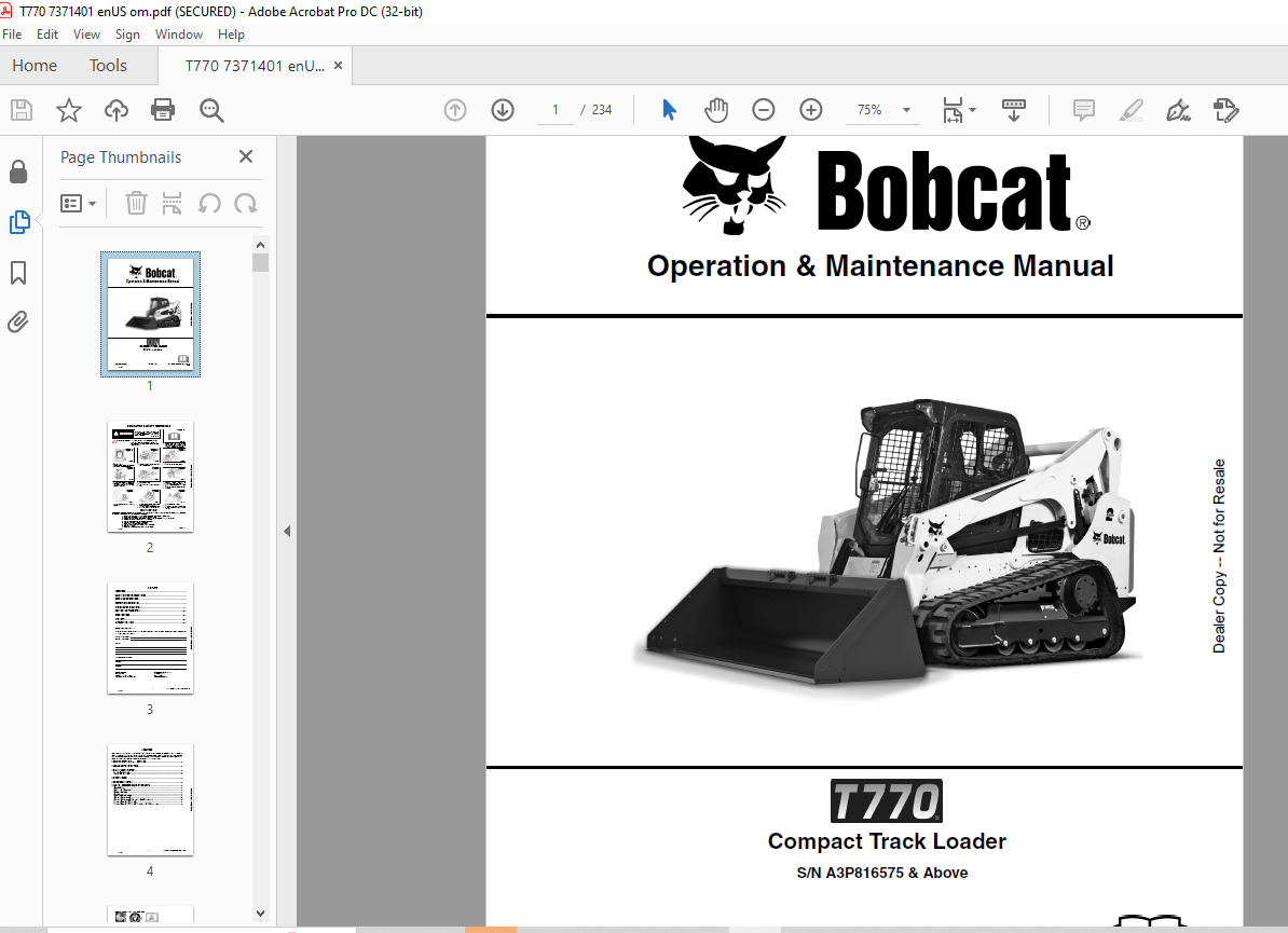 Bobcat T770 Compact Track Loader Operation &amp; Maintenance Manual SN ...