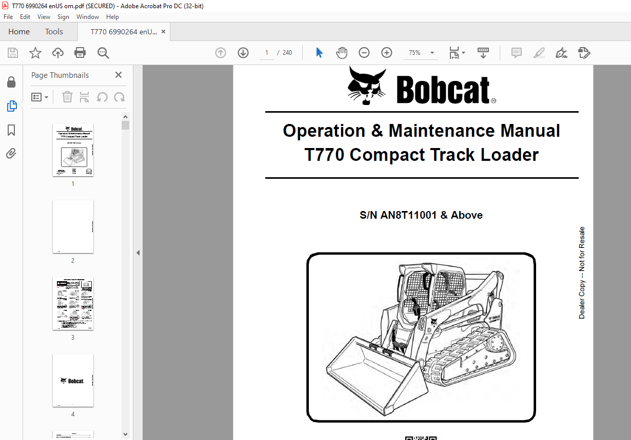 Bobcat T770 Compact Track Loader Operation &amp; Maintenance Manual SN ...