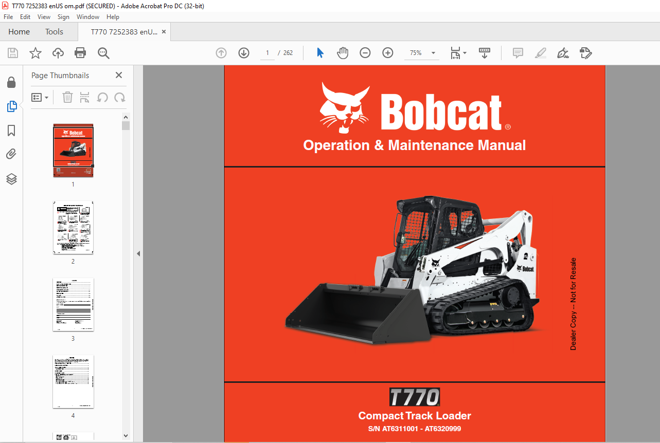 Bobcat T770 Compact Track Loader Operation &amp; Maintenance Manual SN ...