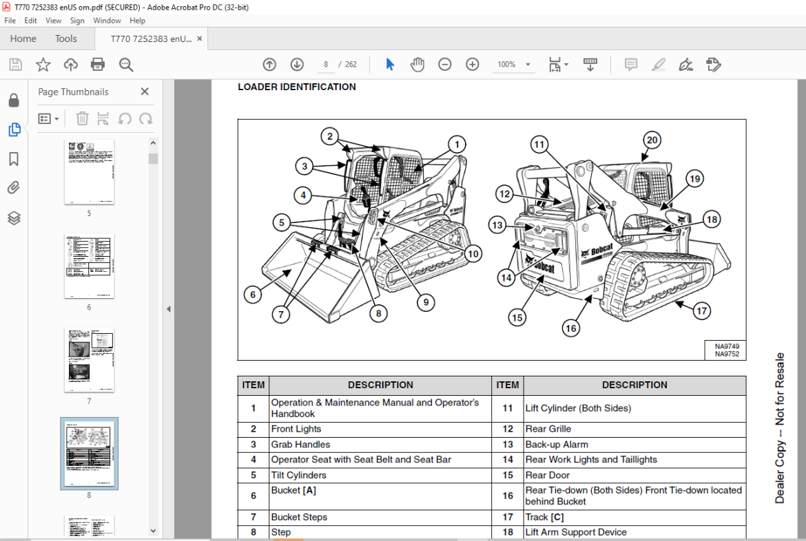 Bobcat T770 Compact Track Loader Operation &amp; Maintenance Manual SN ...