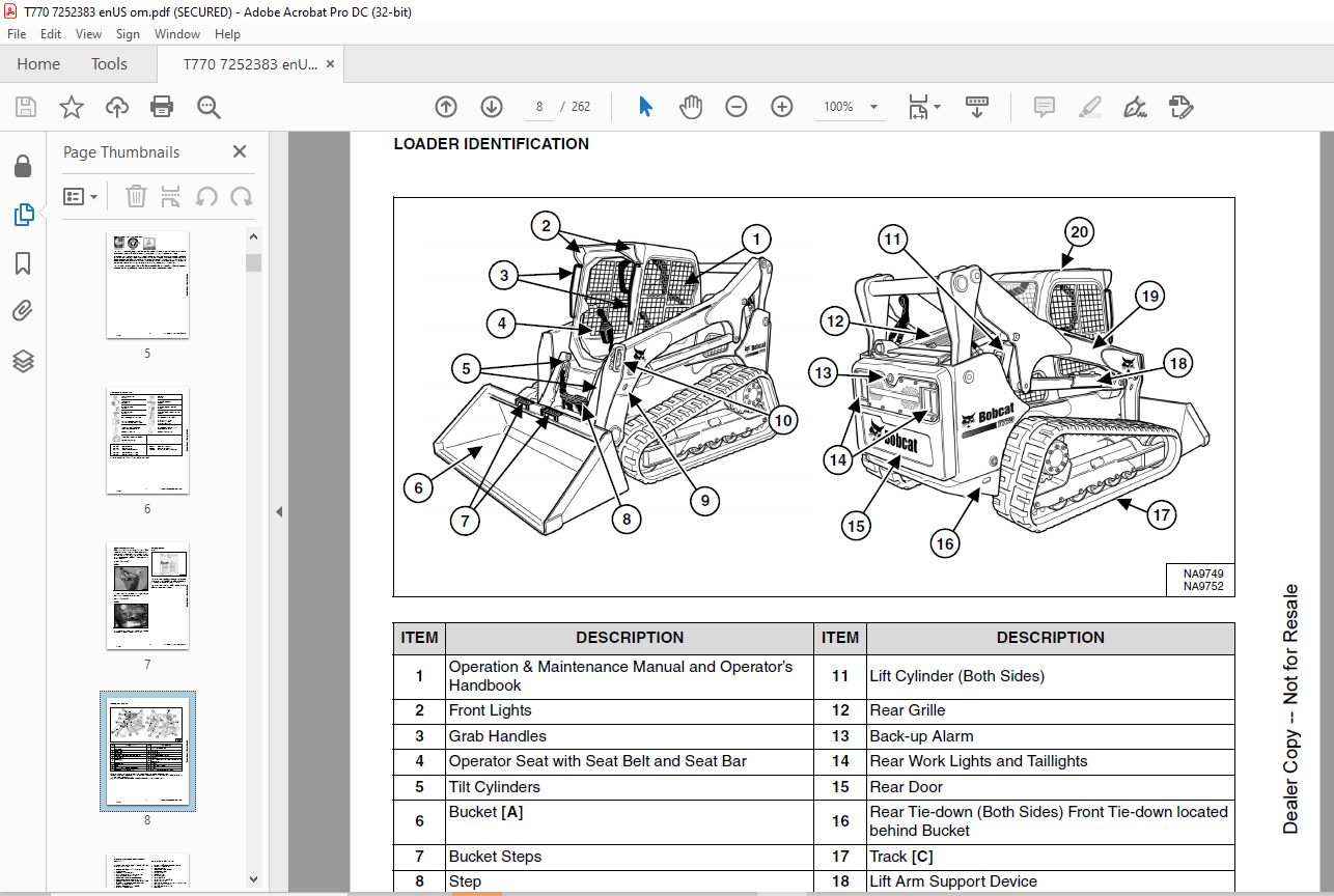 Bobcat T770 Compact Track Loader Operation &amp; Maintenance Manual SN ...