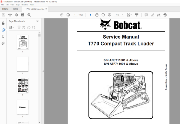 Bobcat T770 Compact Track Loader Service Manual 6990265 - PDF DOWNLOAD ...