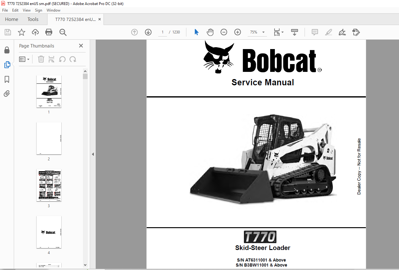 Bobcat T770 Skid-Steer Loader Service Manual 7252384 - PDF DOWNLOAD ...