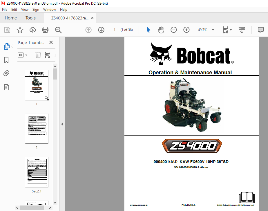 Bobcat ZS4000 Operation & Maintenance Manual 4178823 (0620) PDF