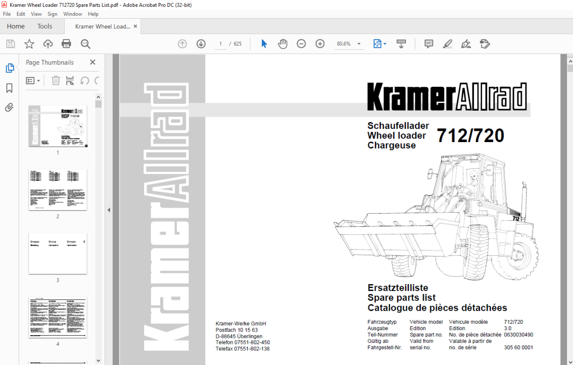 KRAMER Allrad Wheel loader 712 720 Spare Parts List Manual SN305600001 ...
