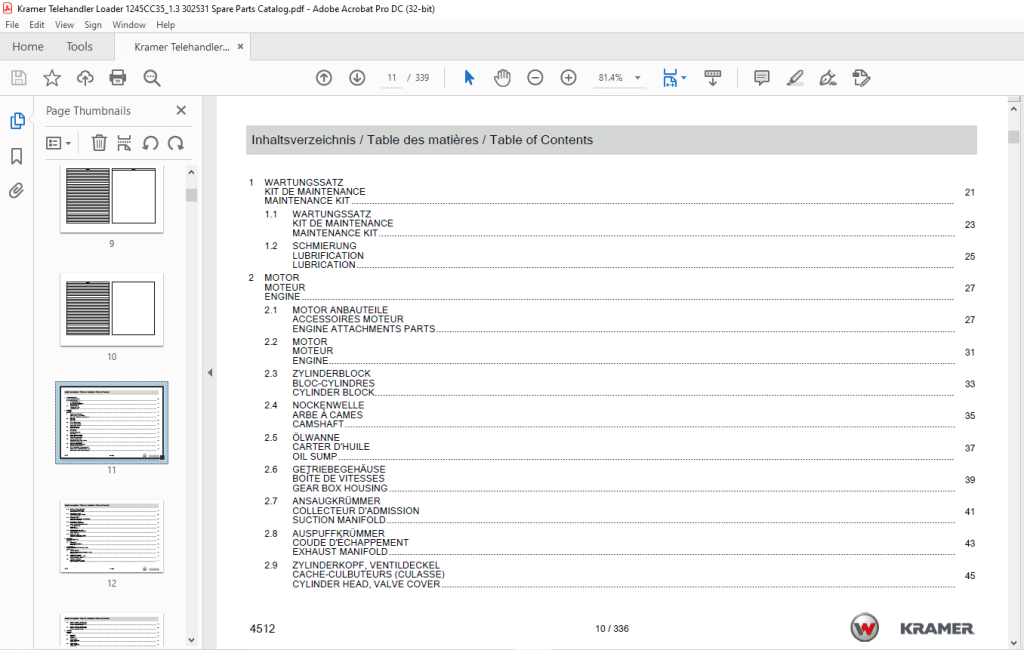 KRAMER Telehandler 1245cc35 Spare Parts List Manual - PDF DOWNLOAD