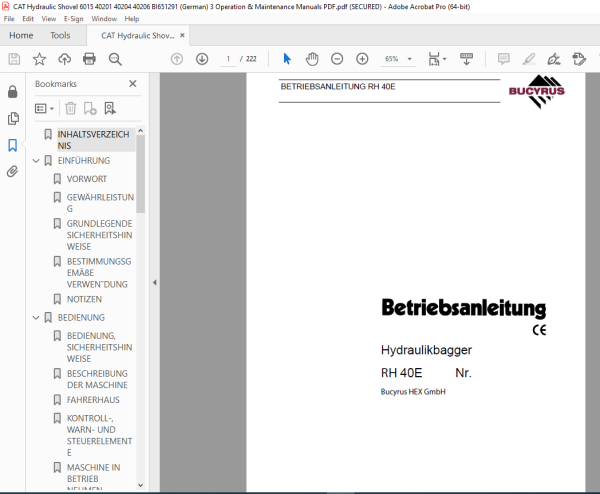 CAT Bucyrus RH 40E Hydraulikbagger Betriebsanleitung 3720306 PDF ...