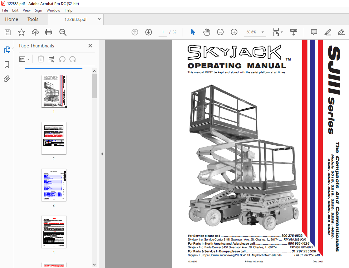 Skyjack SJIII Series 3015, 3219, 3220, 3226, 4620, 4626, 4830, 4832