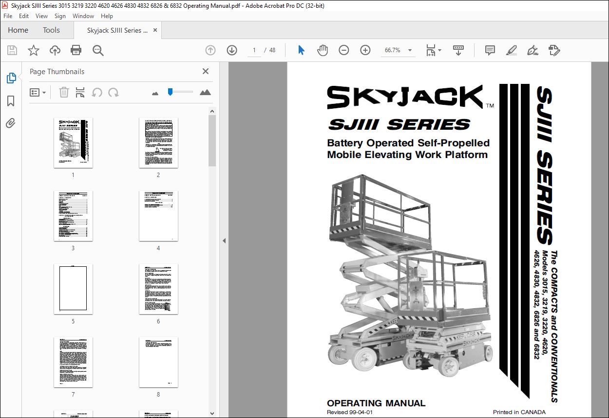 Skyjack SJIII Series 3015 3219 3220 4620 4626 4830 4832 6826 & 6832