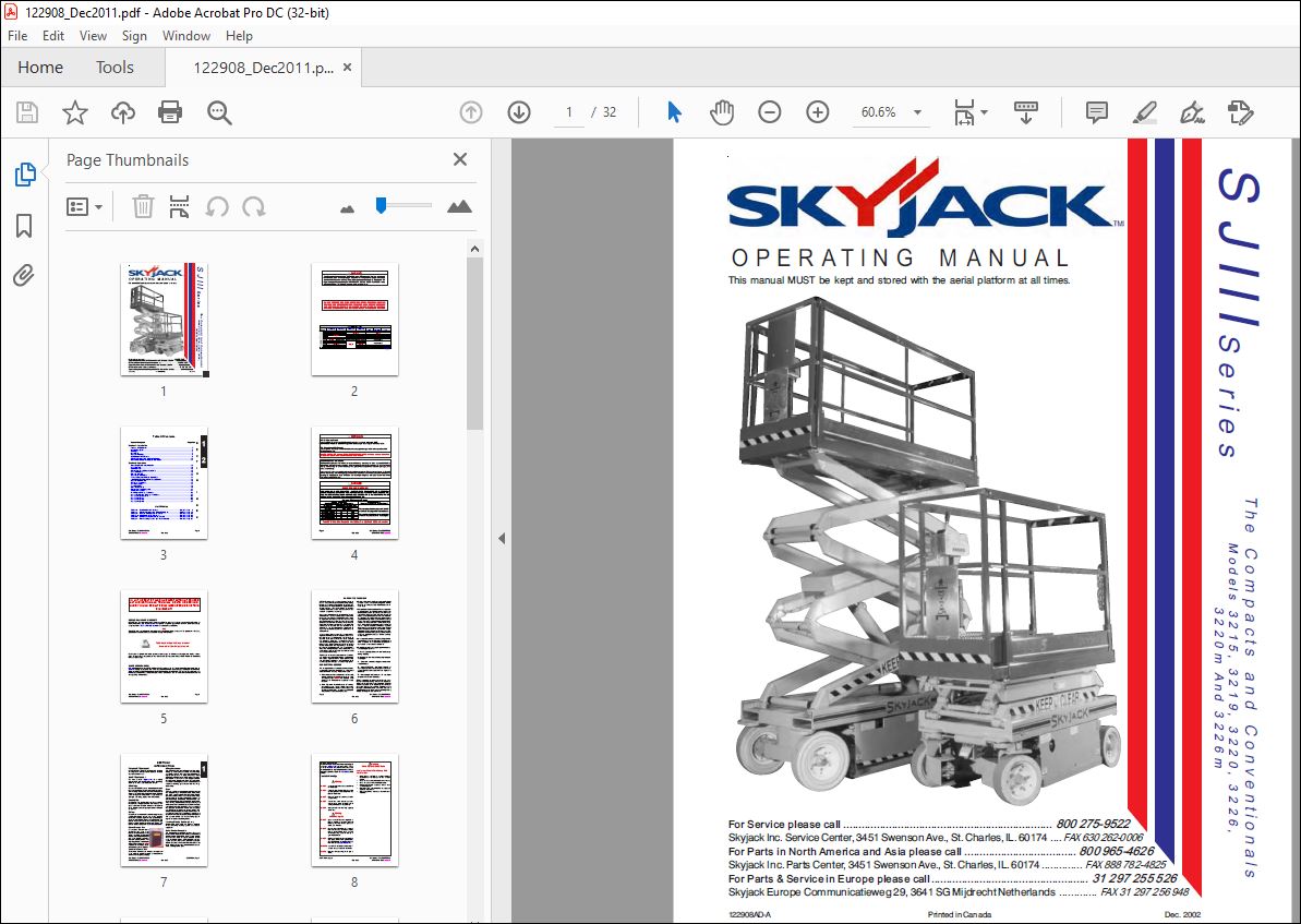 Skyjack SJIII Series 3215, 3219, 3220, 3226, 3220m & 3226m