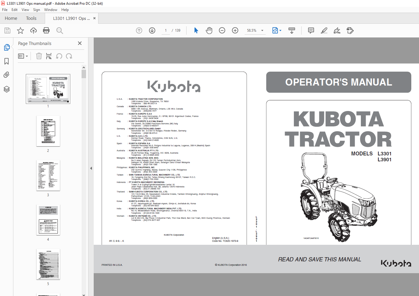 Kubota Tractor L3301 L3901 Operator