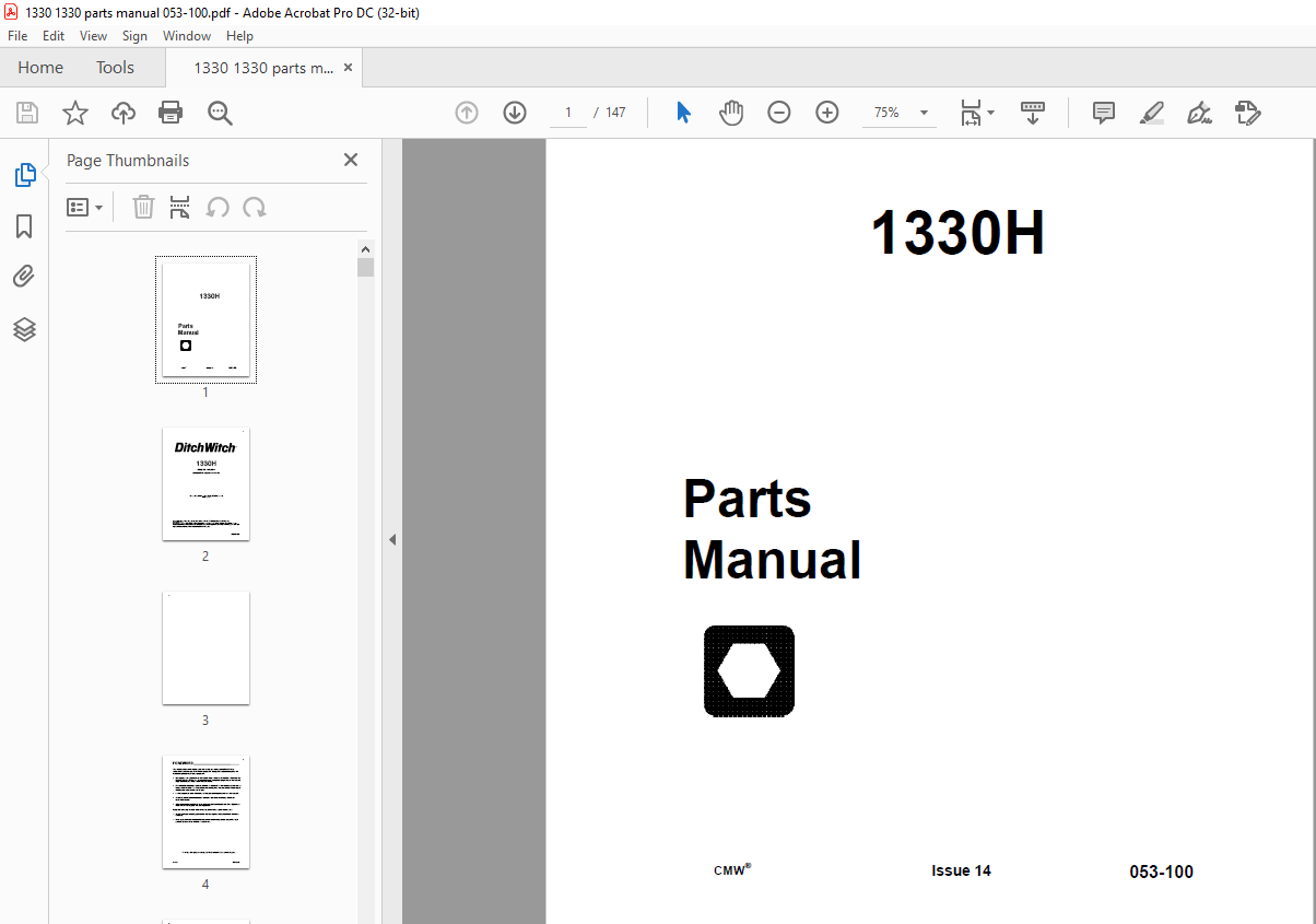 Ditch Witch 1330H Trencher Parts Manual 053100 PDF DOWNLOAD