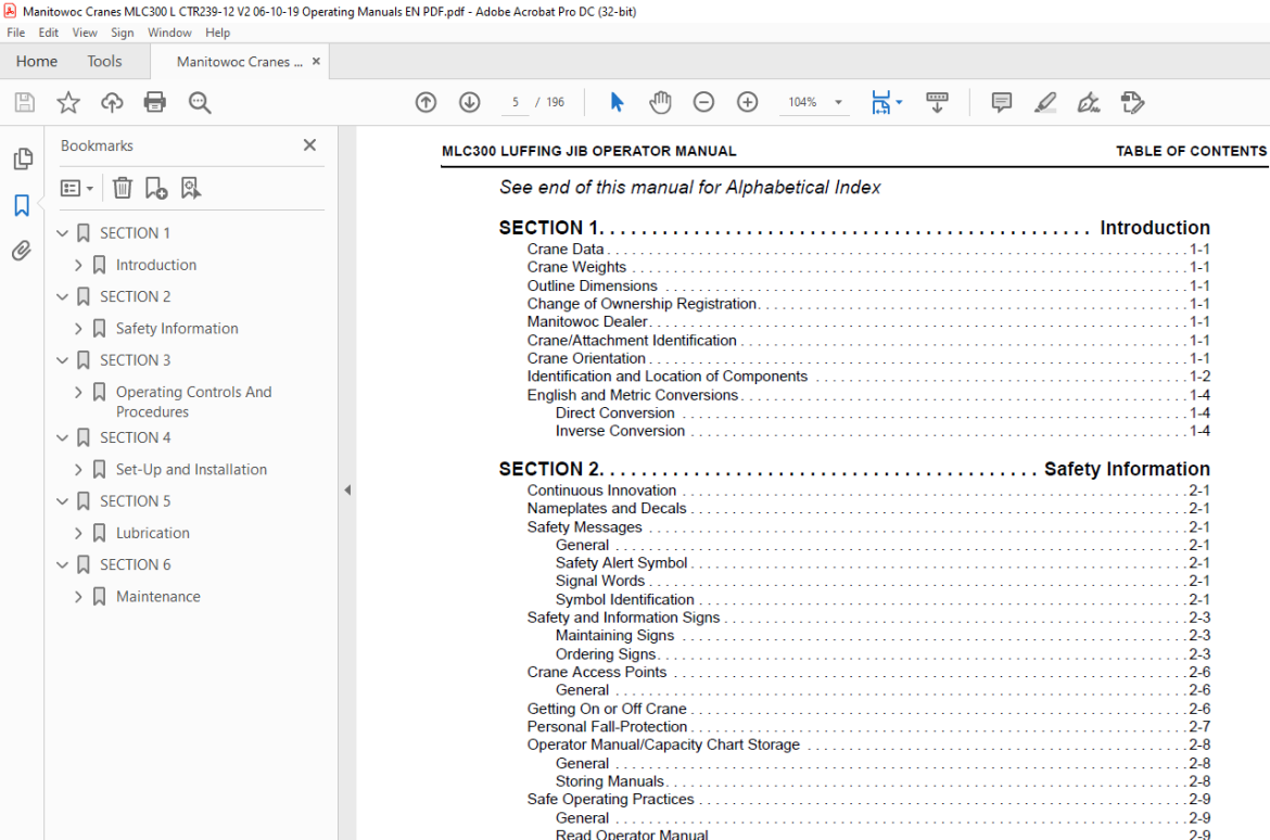 Manitowoc Crane MLC300 Luffing Jib Attachment Operator Manual PDF