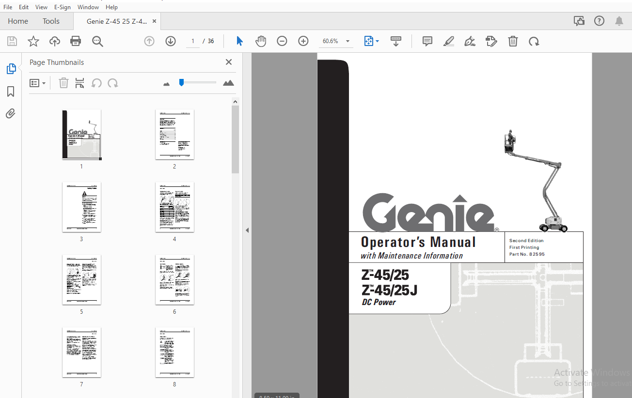 Genie Z-45/25 Z-45/25J DC Power Operator's Manual 82595 - PDF DOWNLOAD