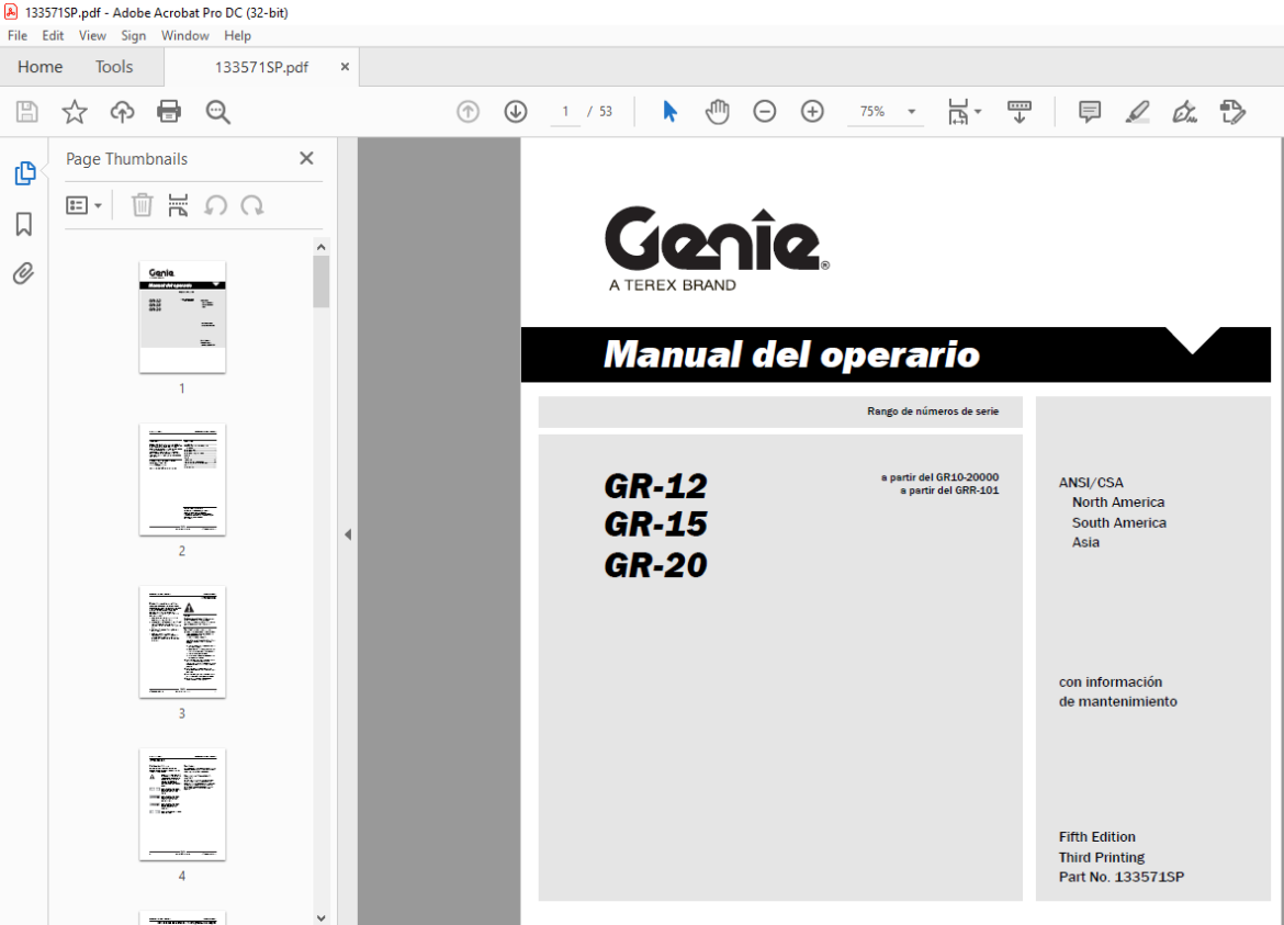 Genie lift GR12 GR15 GR20 Manual del Operador 133571 PDF