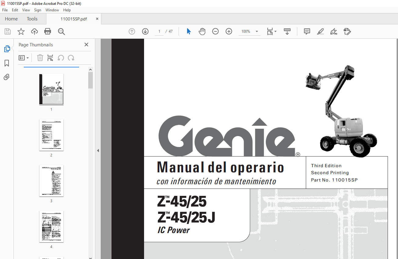Genie lift Z-45/25 Z-45/25 J IC Power Manual del operario 110015