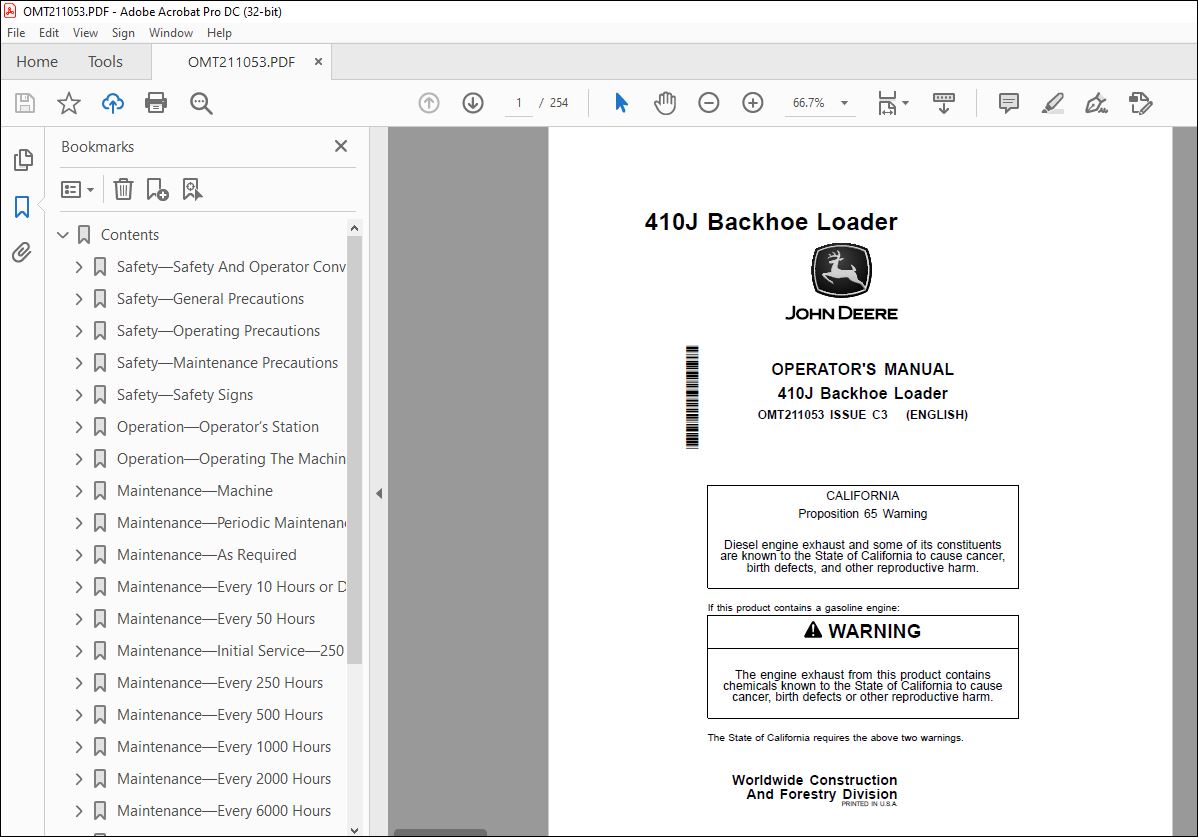 John Deere 410J Backhoe Loader Operator's Manual OMT211053 PDF ...