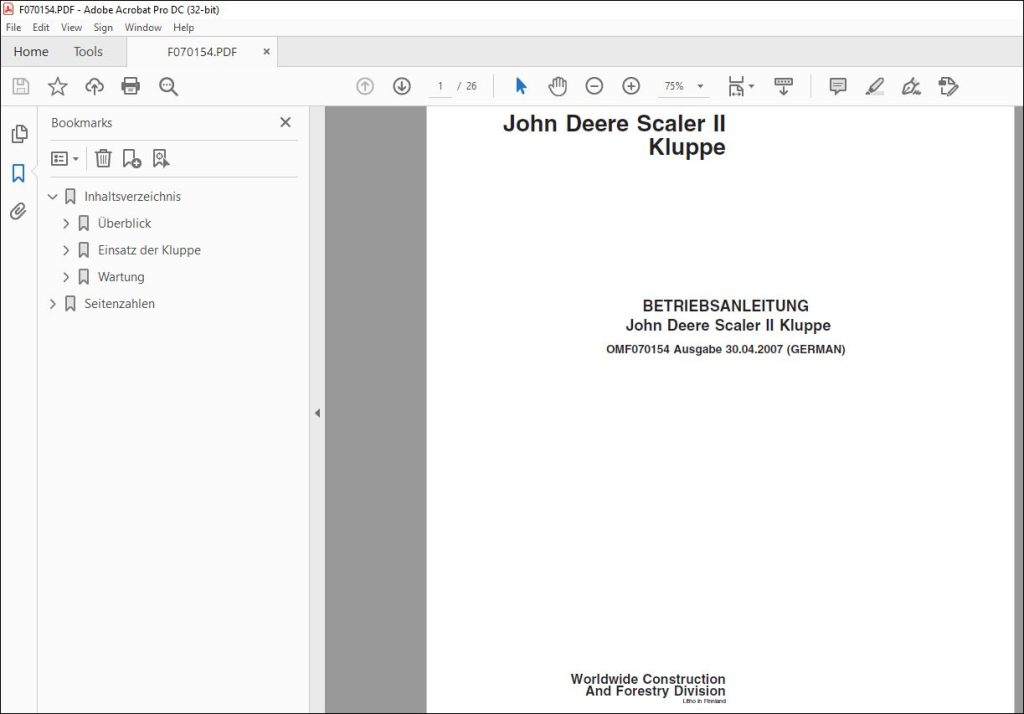 John Deere Scaler II Kluppe BETRIEBSANLEITUNG OMF070154 PDF
