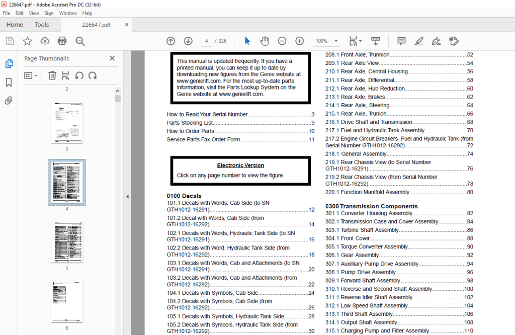 Genie Telehandlers GTH1056 Parts Manual 226647 PDF DOWNLOAD