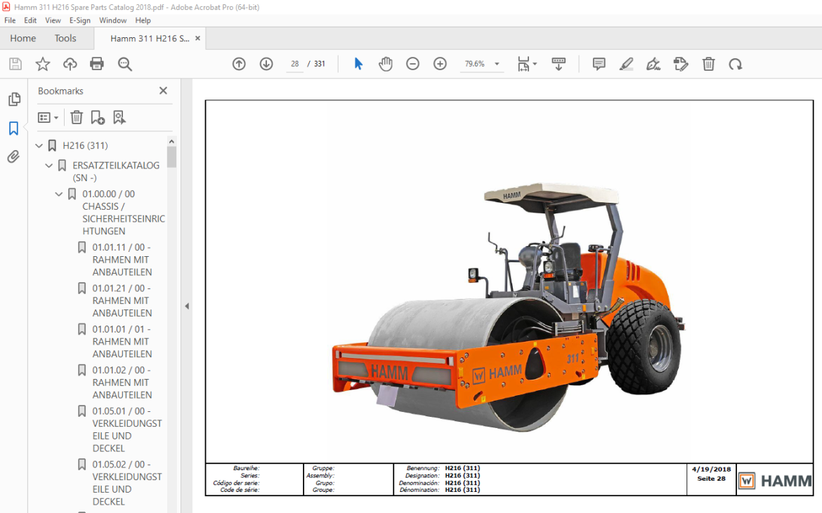Hamm Roller H216 (311) Parts Catalogue Manual PDF DOWNLOAD