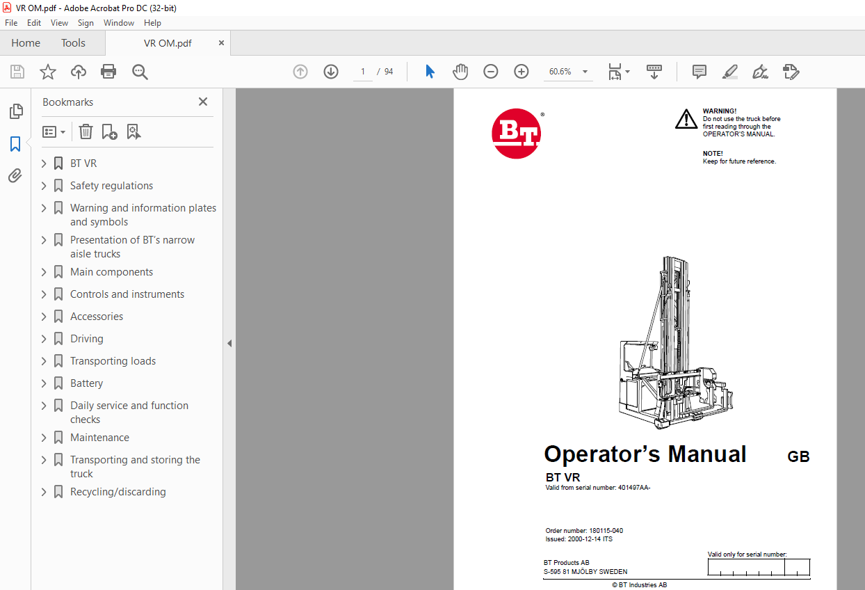 BT Forklift BT VR Operator’s Manual SN401497AA PDF – HeyDownloads ...